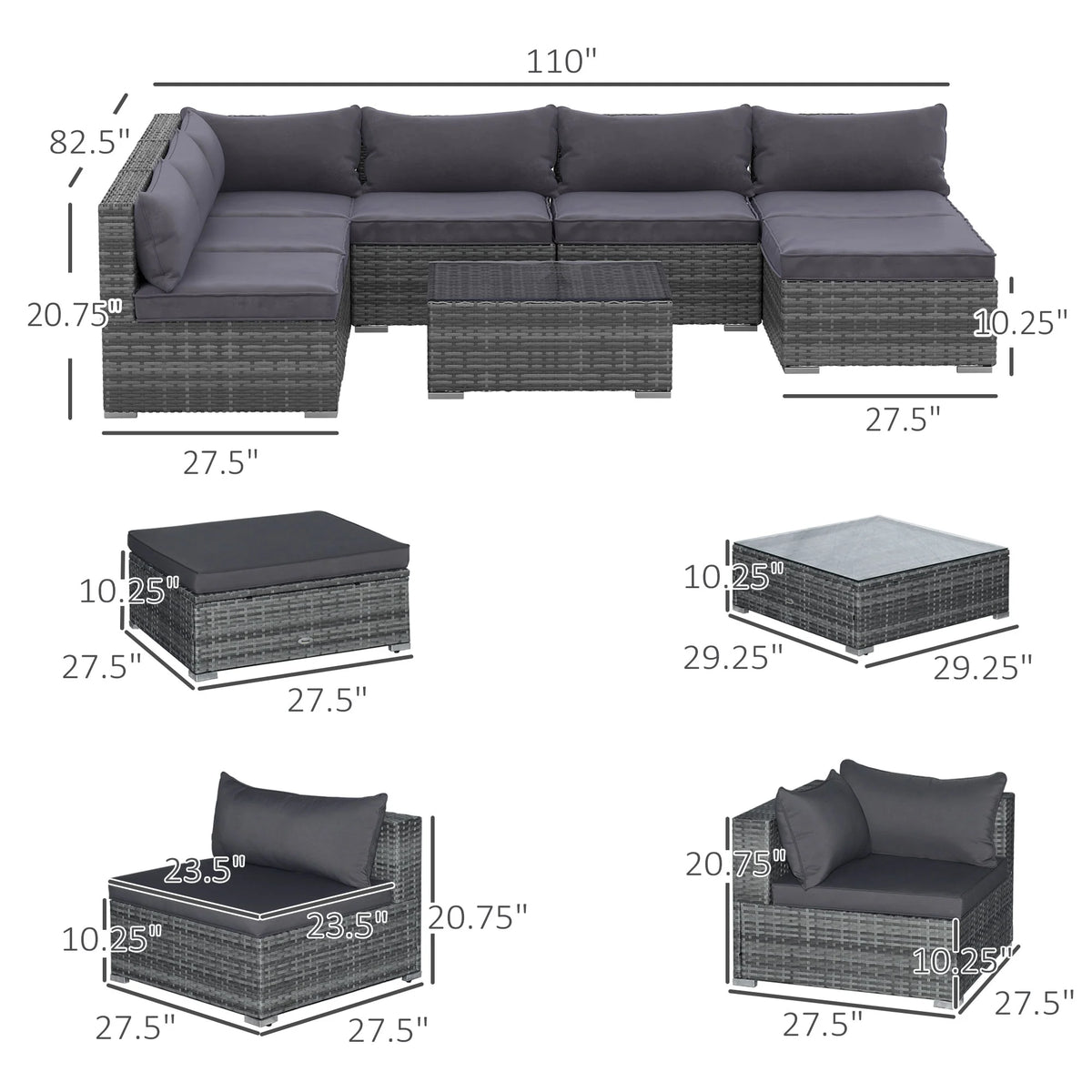 8 Pieces Gray PE Rattan Sectional Sofa with Tempered Glass Table M19518