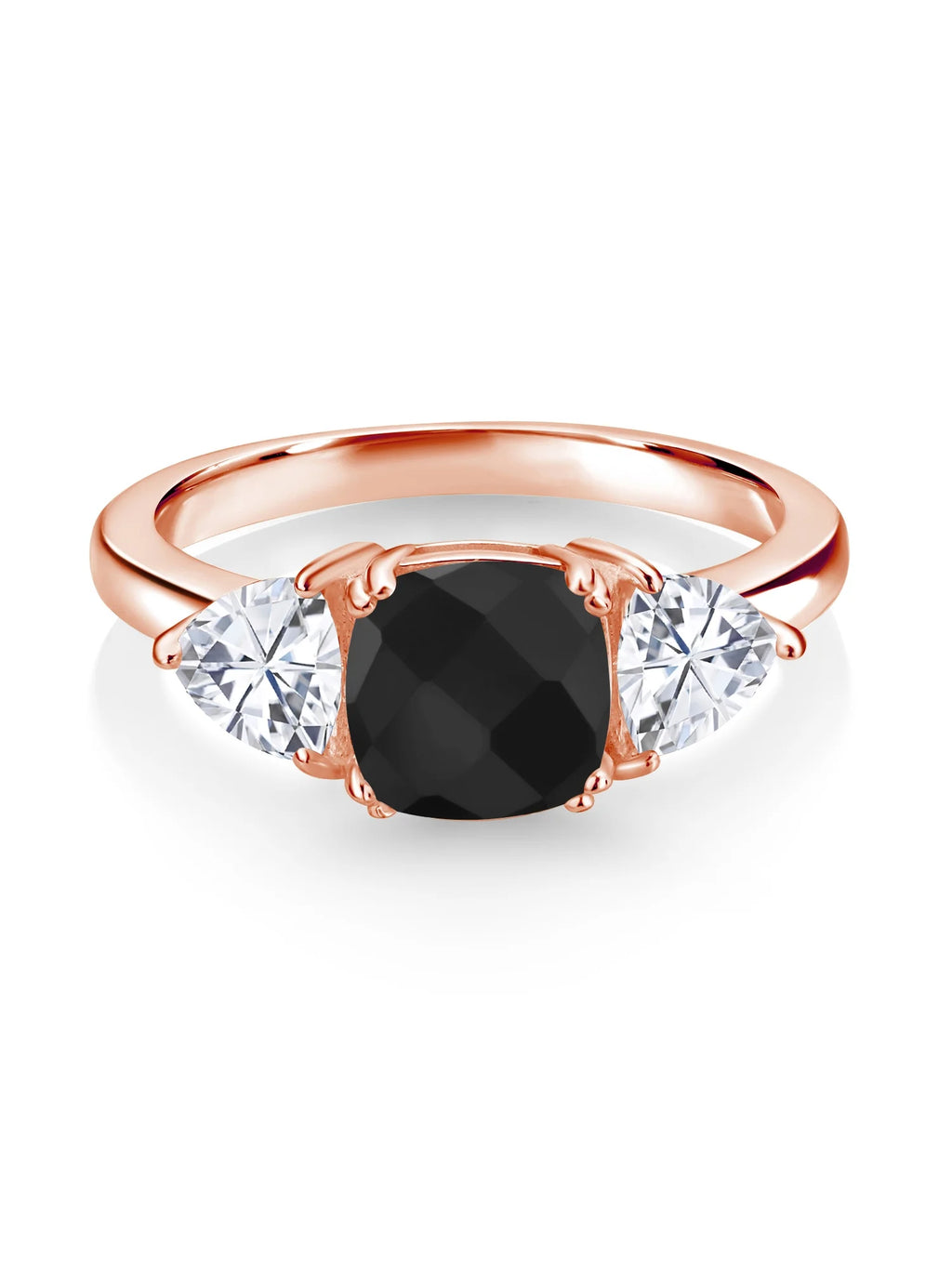 18K Rose Gold Plated Silver Black Onyx White Moissanite 3 Stone Engagement Ring N201