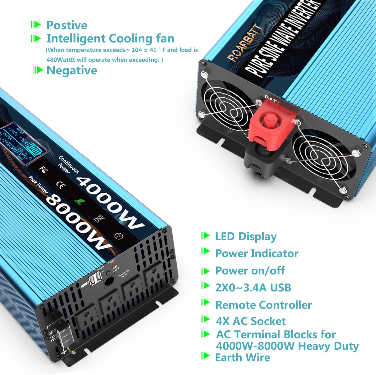 Pure Sine Wave Power Inverter 4000 Watt 12V DC to AC 110V 120V with Remote Control 4 AC Outlets and Dual USB Port M36650