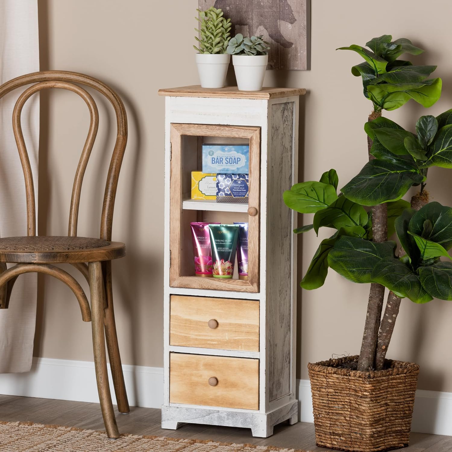 Oak Brown Antique White Shelving and Cabinets L6574