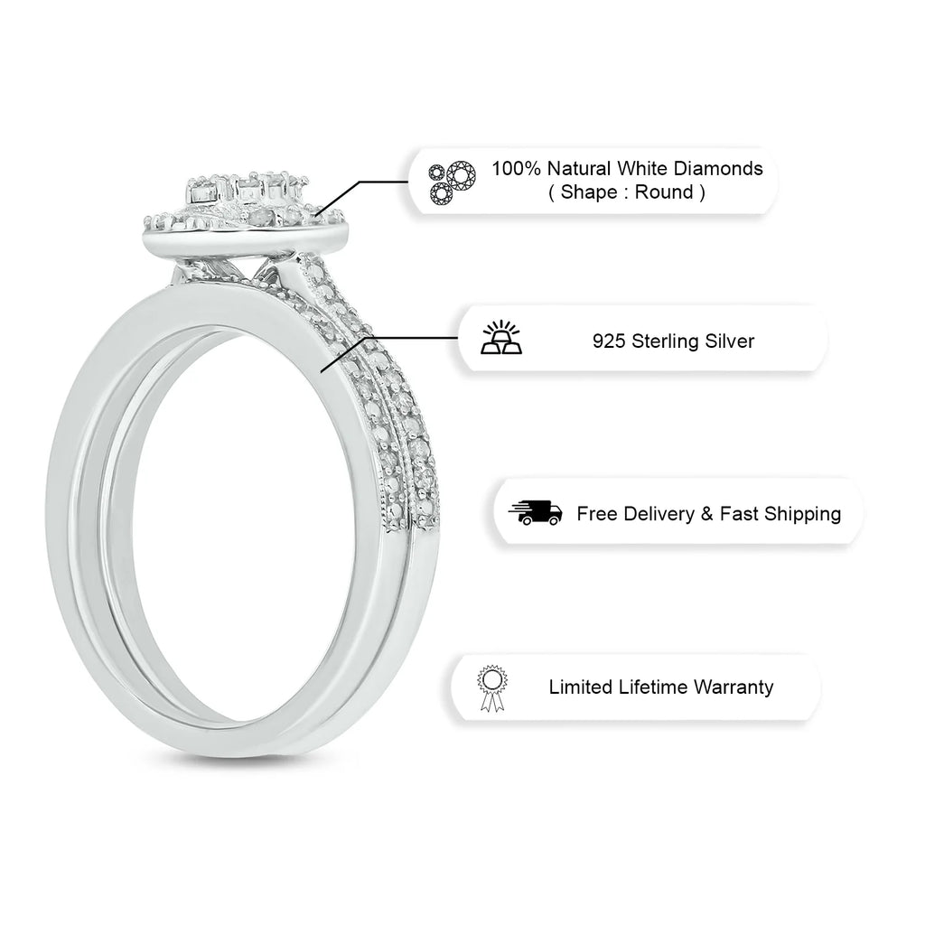 925 Sterling Silver Oval Diamond Engagement Ring and Wedding Band Set B239715
