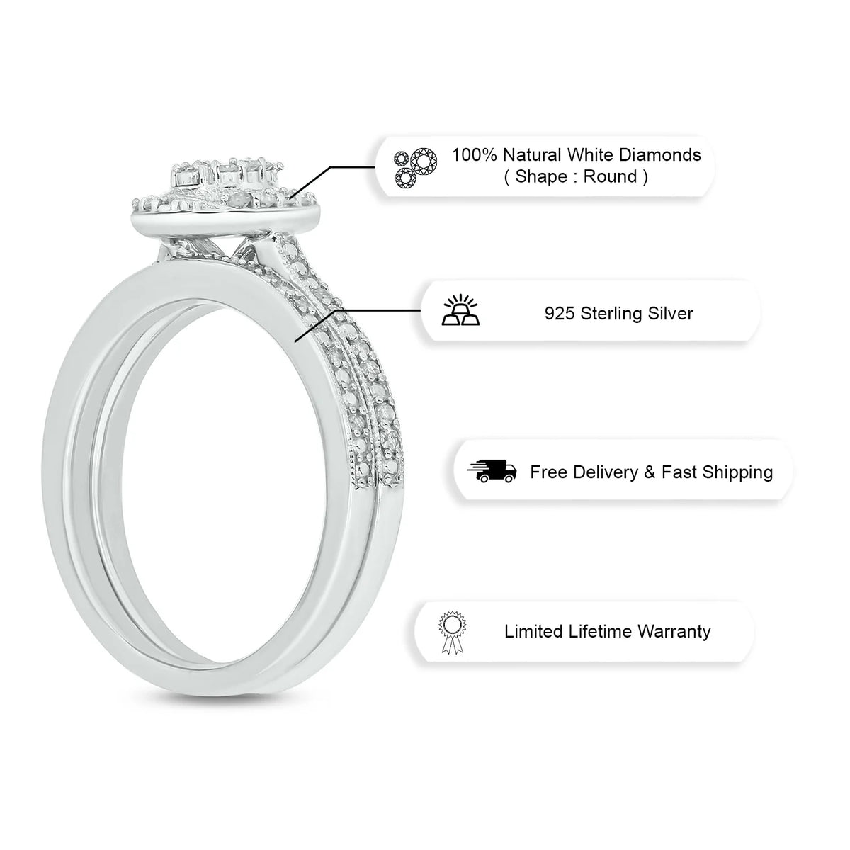 925 Sterling Silver Oval Diamond Engagement Ring and Wedding Band Set B239715