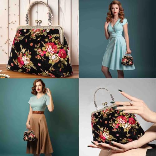 Floral Top-Handle Handbag, Kiss Lock Evening Bag O792716