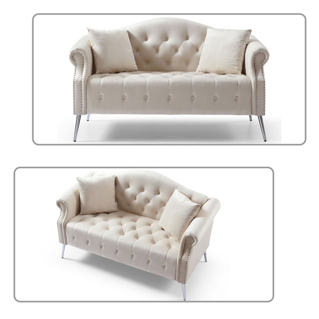 Beige Velvet Button Tufted Loveseat Sofa with Roll Armrest and Metal Legs O824