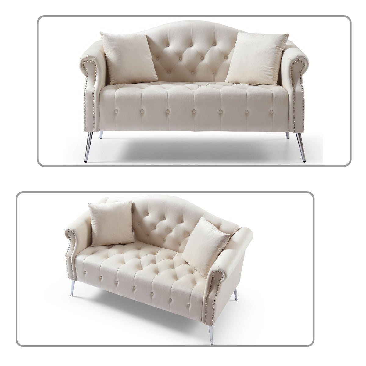 Beige Velvet Button Tufted Loveseat Sofa with Roll Armrest and Metal Legs O824
