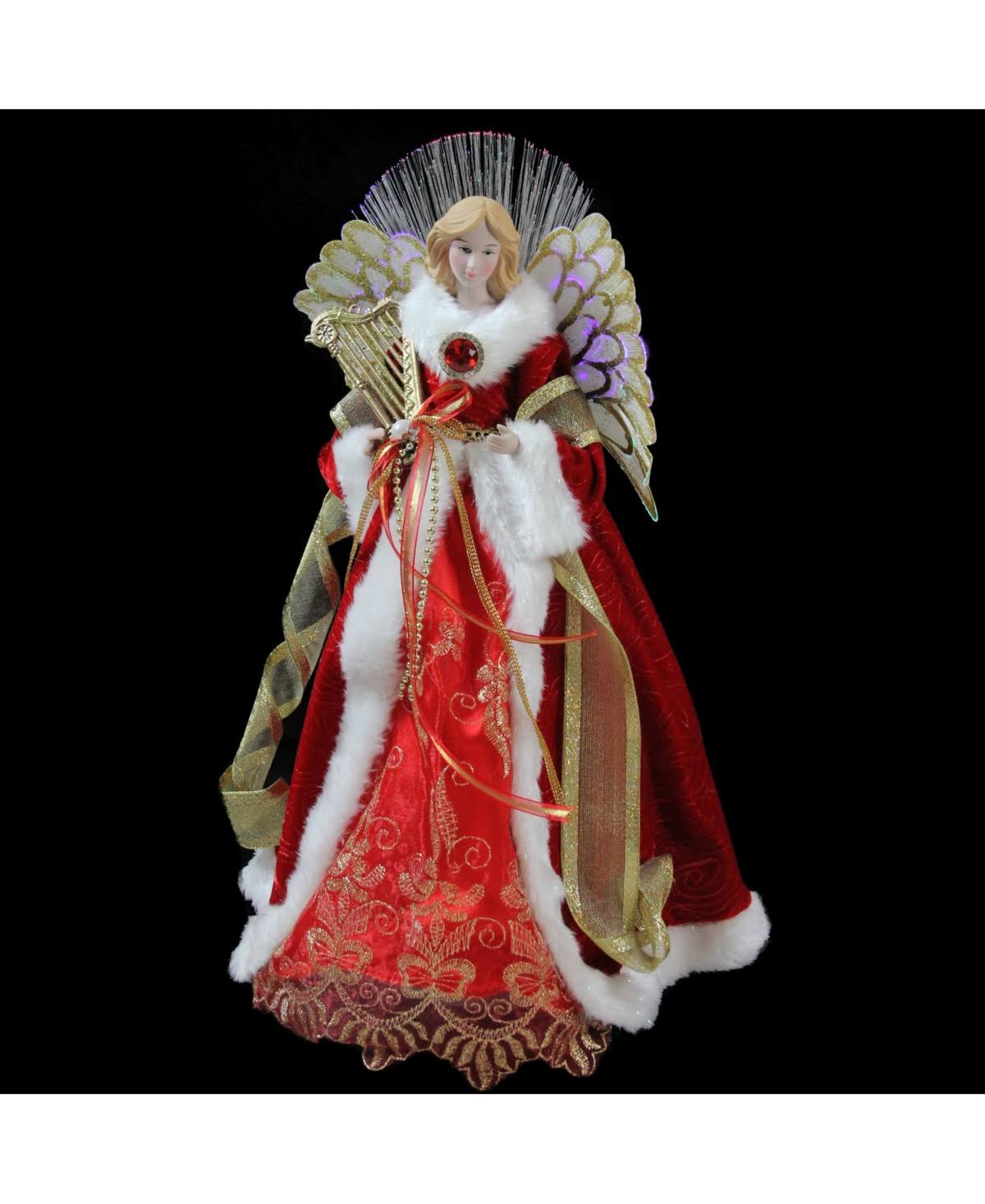 16x22 Lighted Fiber Optic Angel in Garnet Red Coat with Harp Christmas Tree Topper S100438