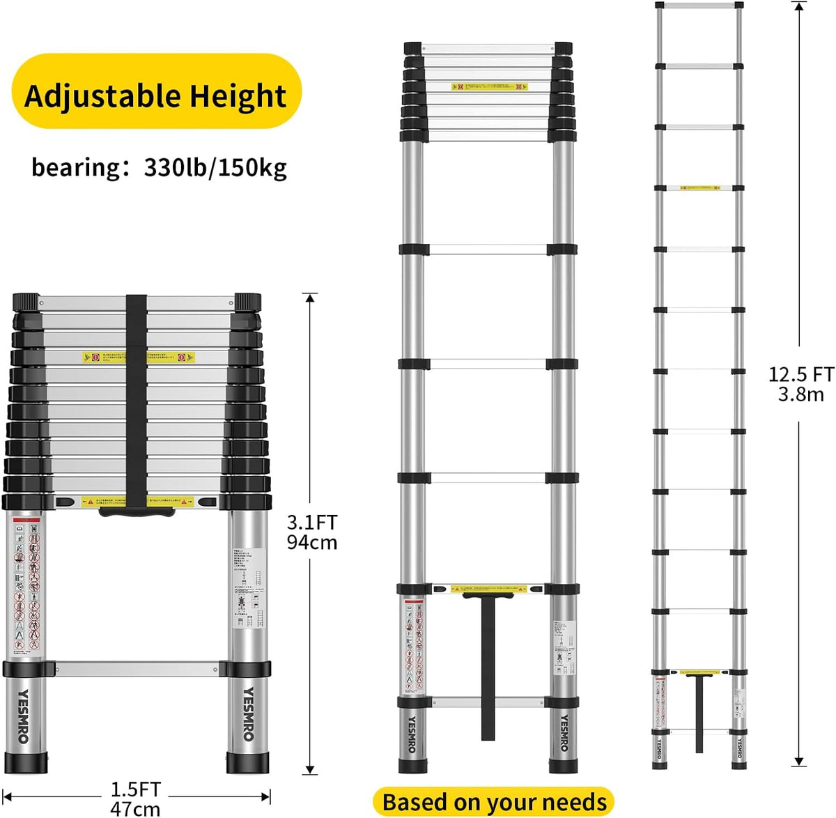Telescoping Ladder 12.5ft, Aluminum Collapsible, Heavy Duty 330lbs, Non-Slip V18994