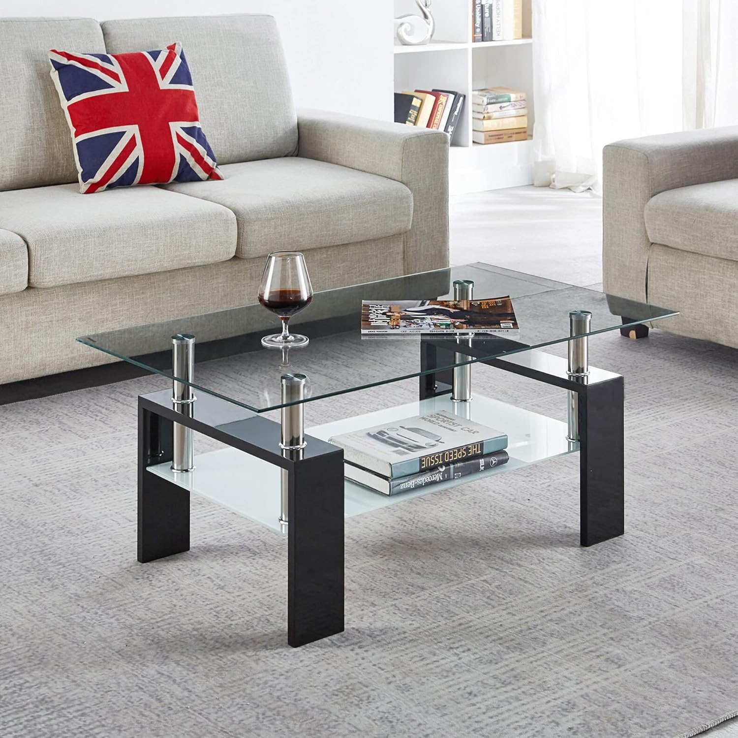 Black Rectangle Glass Coffee Table with Lower Shelf L201400