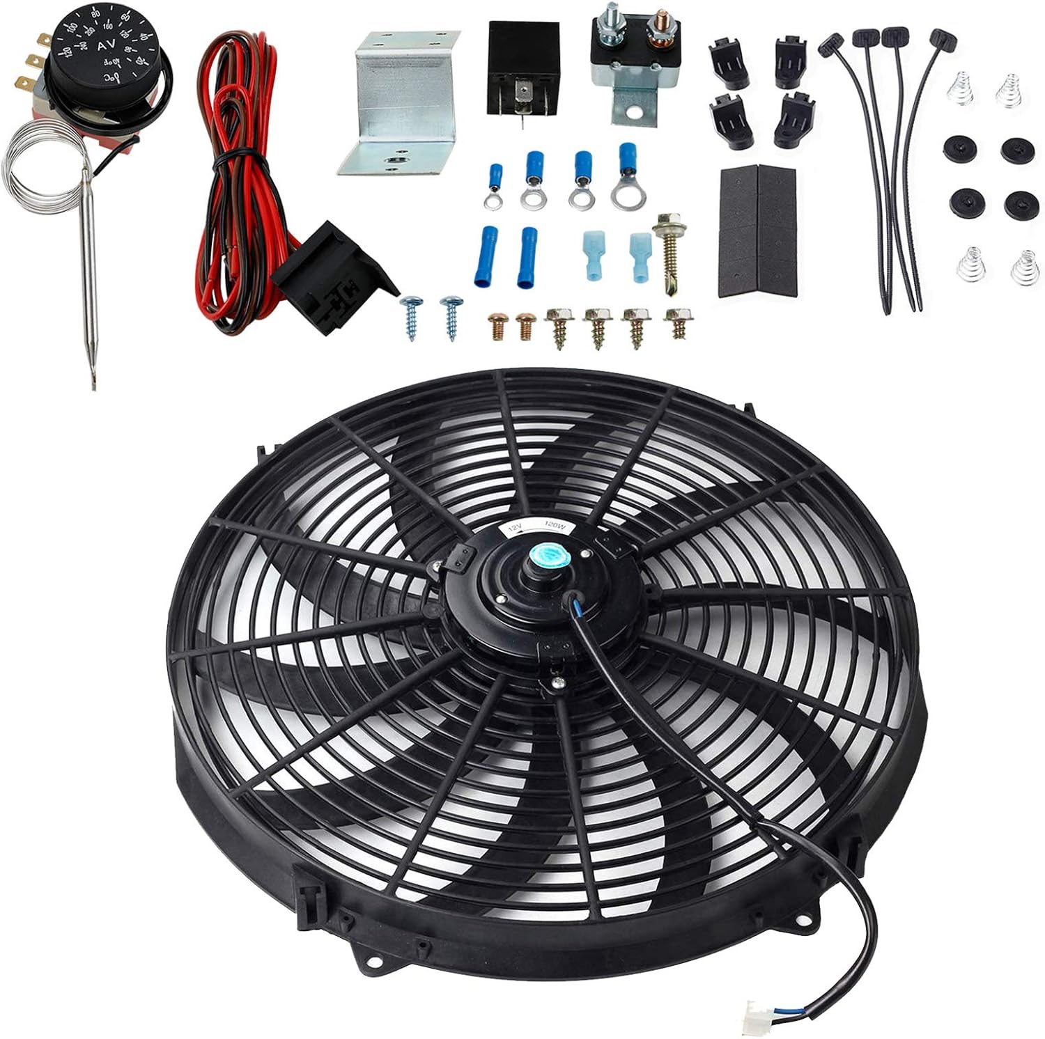 16" Slim Push Pull 12V Electric Radiator Cooling Fan with Thermostat Control Relay Wire Kit Pack of 2 A11746