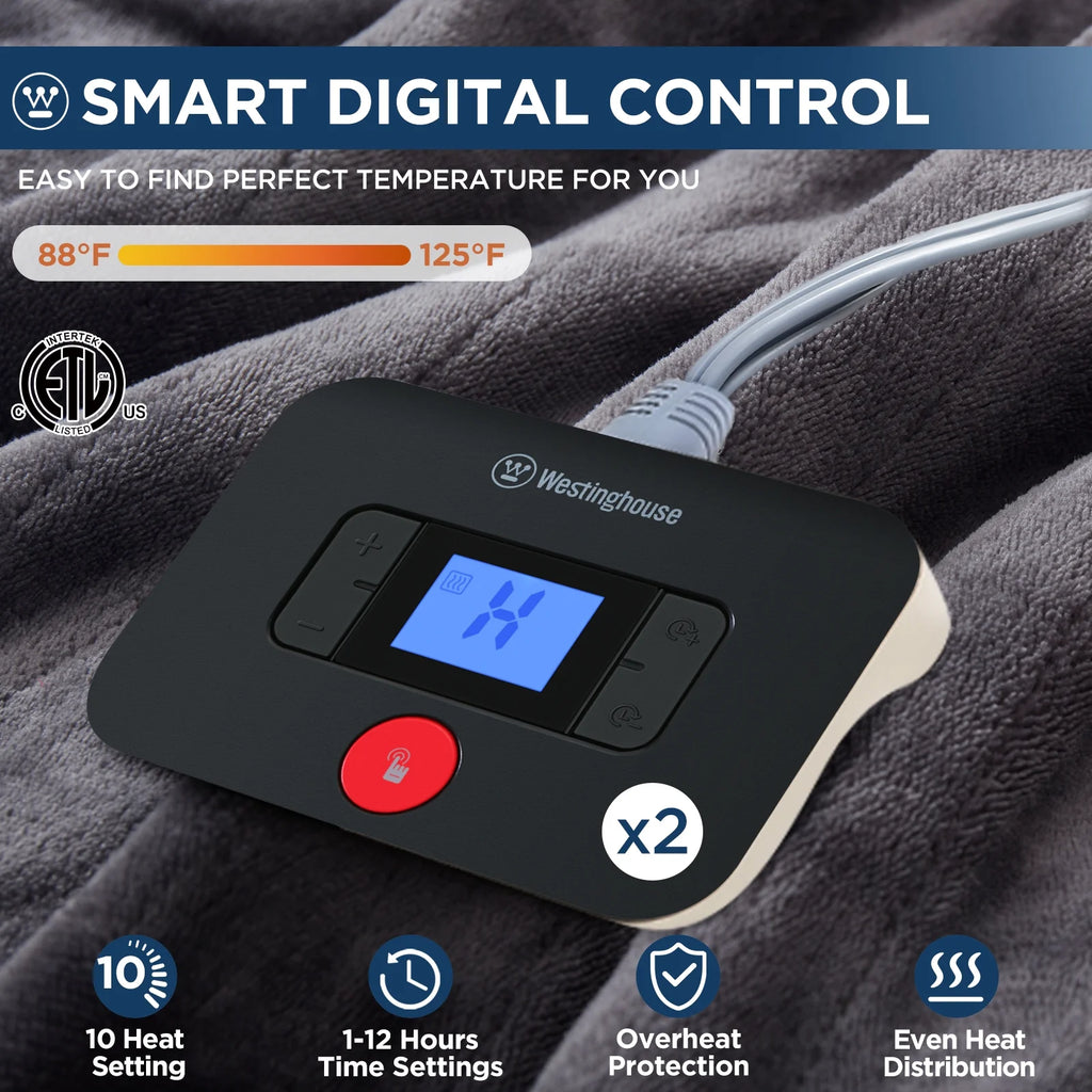 King Size Flannel Heated Blanket with 10 Heat Settings, Charcoal Grey G9199