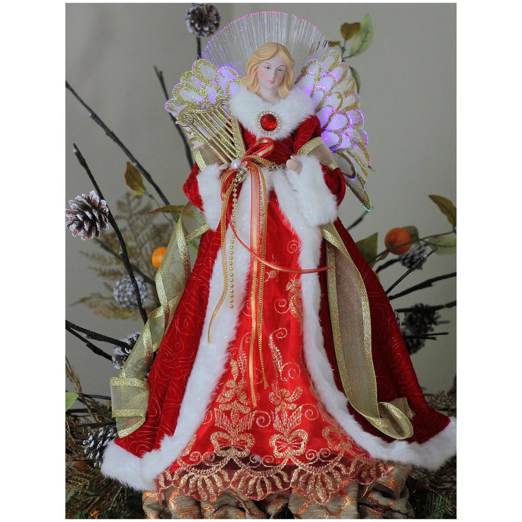 16x22 Lighted Fiber Optic Angel in Garnet Red Coat with Harp Christmas Tree Topper S100438