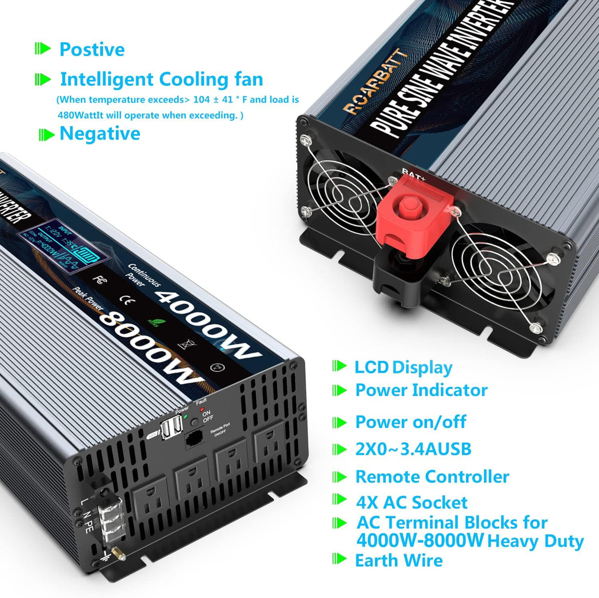 Pure Sine Wave Power Inverter 4000 Watt 12V DC to AC 110V 120V with Remote Control 4 AC Outlets and Dual USB Port M36650