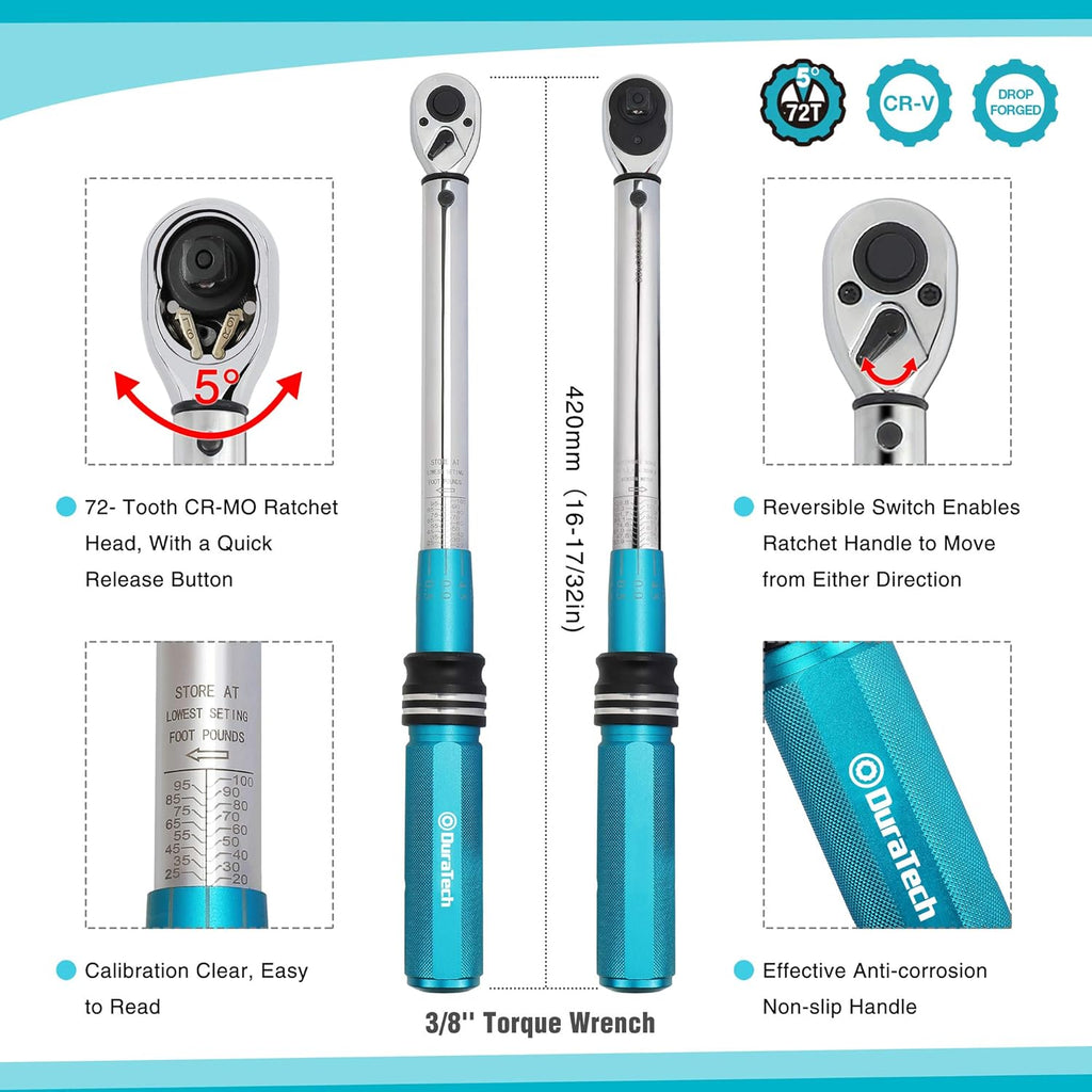 1/2-Inch Drive Click Torque Wrench, 30-160 Ft-lb, with Socket Adapter, Extensions Bar, Storage Case U25620