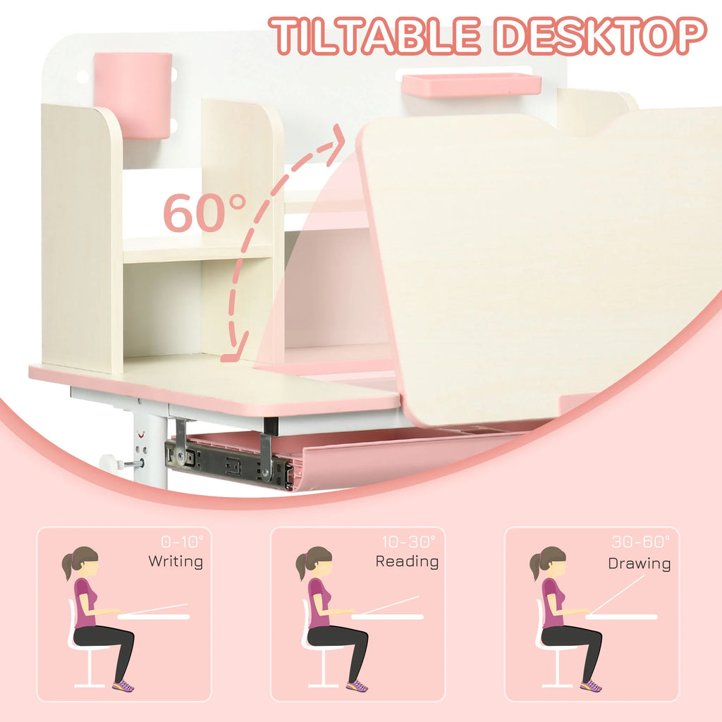 Pink Wooden Kids Study Desk with Drawer and Storage Shelf P654
