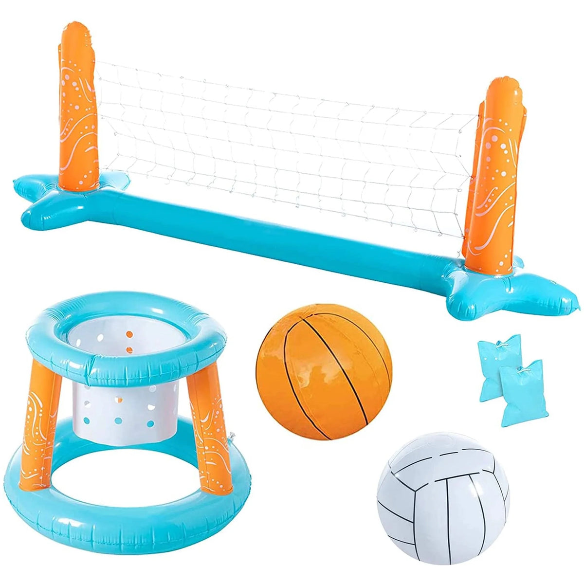 Inflatable Pool Float Set with Volleyball Game and Basketball Hoops, 2 Balls I779100