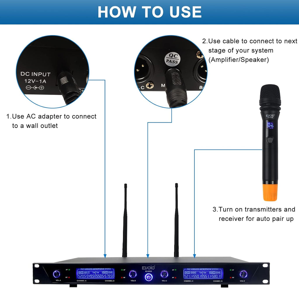 4 Adjustable Channel UHF Wireless Microphone System with 4 Metal Handheld Mics J99226
