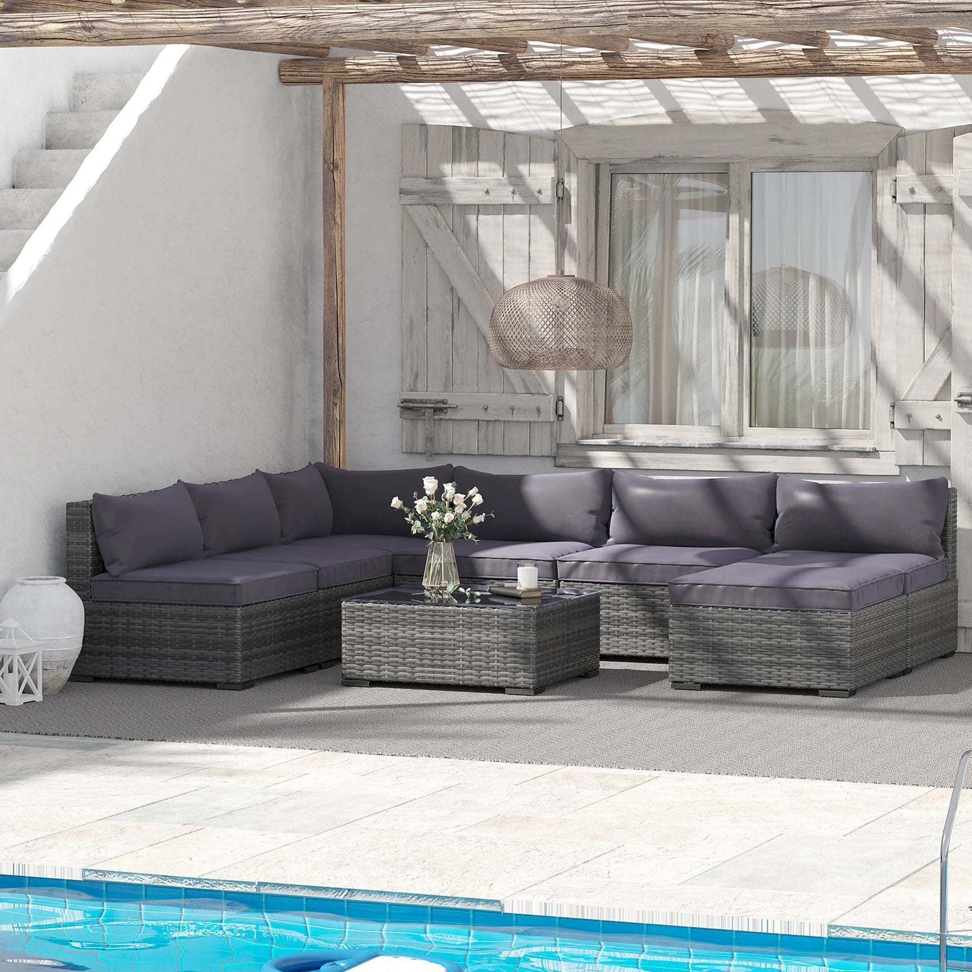 8 Pieces Gray PE Rattan Sectional Sofa with Tempered Glass Table M19518