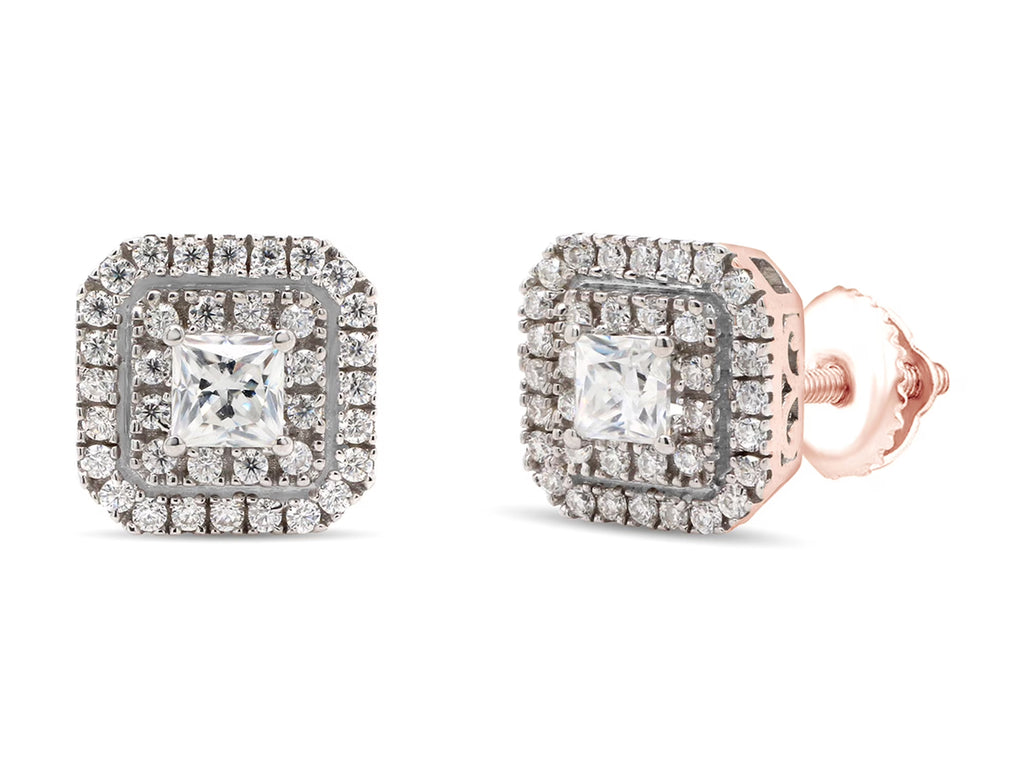 1 Carat Princess & Round Cut Lab Created Moissanite Double Halo Stud Earrings In 14K Rose Gold Over Sterling Silver M300001