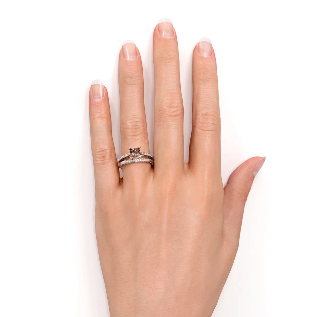 Princess Cut Pink Champagne Morganite Vintage Wedding Ring Set in 10K Rose Gold U226