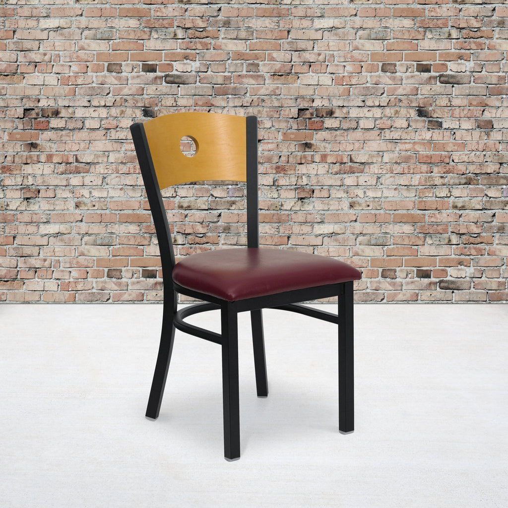 Black Circle Back Metal Restaurant Chair with Burgundy Vinyl Seat I586