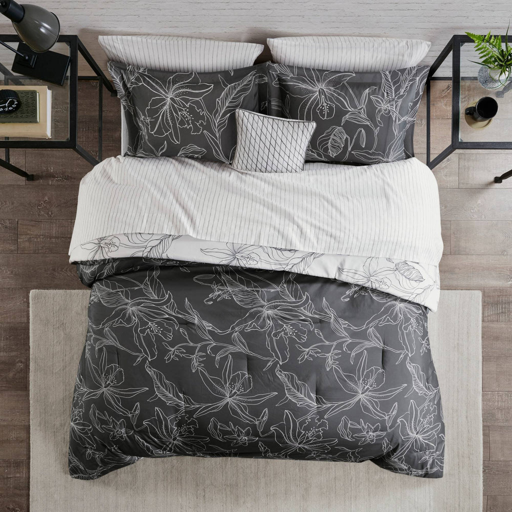 Full White/ Charcoal Reversible Complete Bedding Set with Cotton Sheet C2014