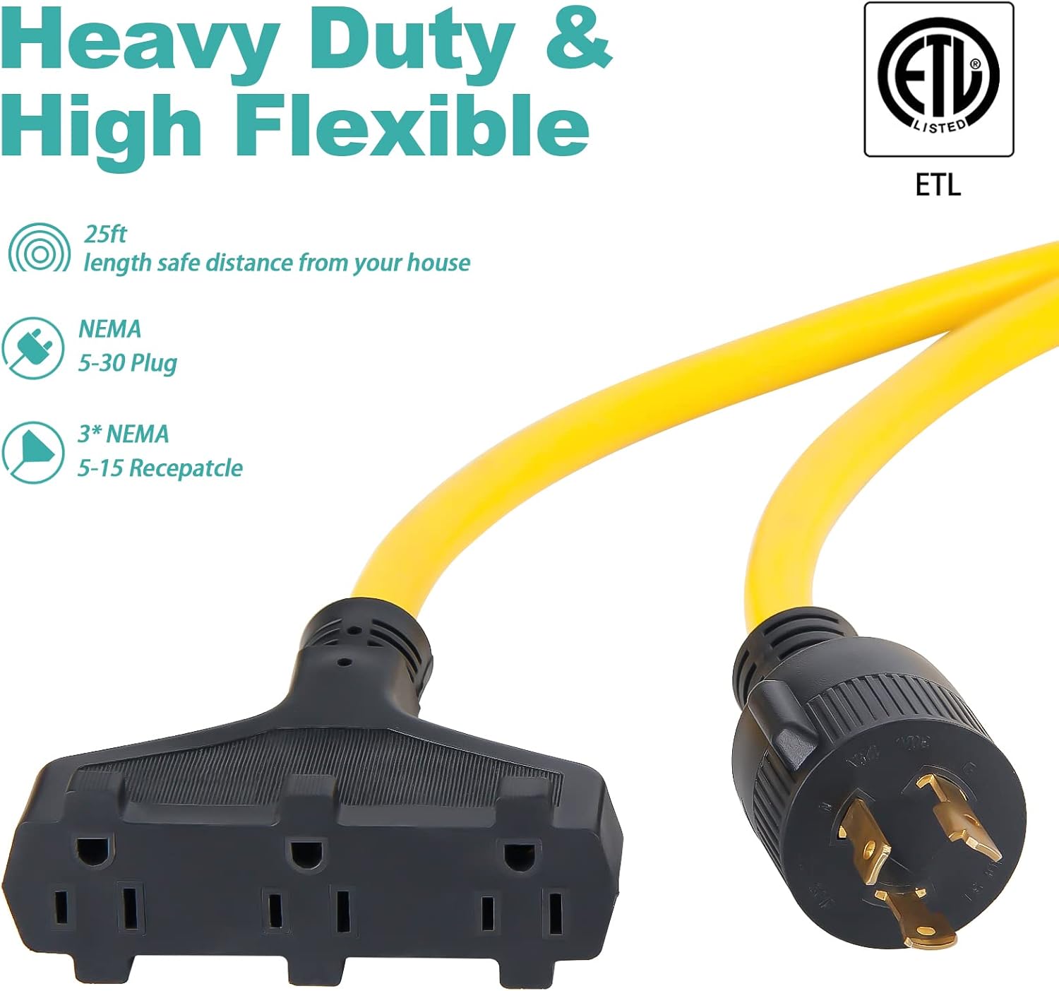 25ft Heavy Duty Generator Power Extension Cord with Cord Organizer, 3 Outlet 10 Gauge Flexible Power Cable Pack of 2 X60503