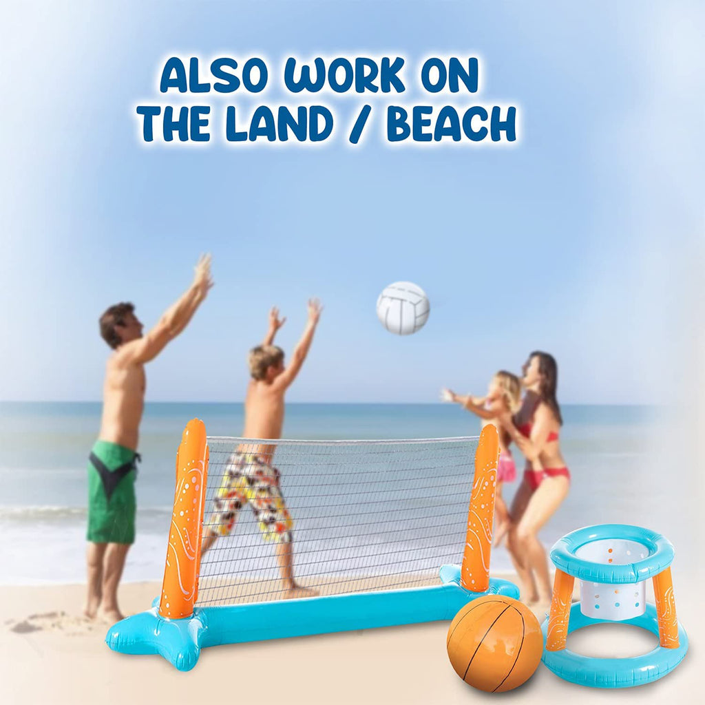 Inflatable Pool Float Set with Volleyball Game and Basketball Hoops, 2 Balls I779100
