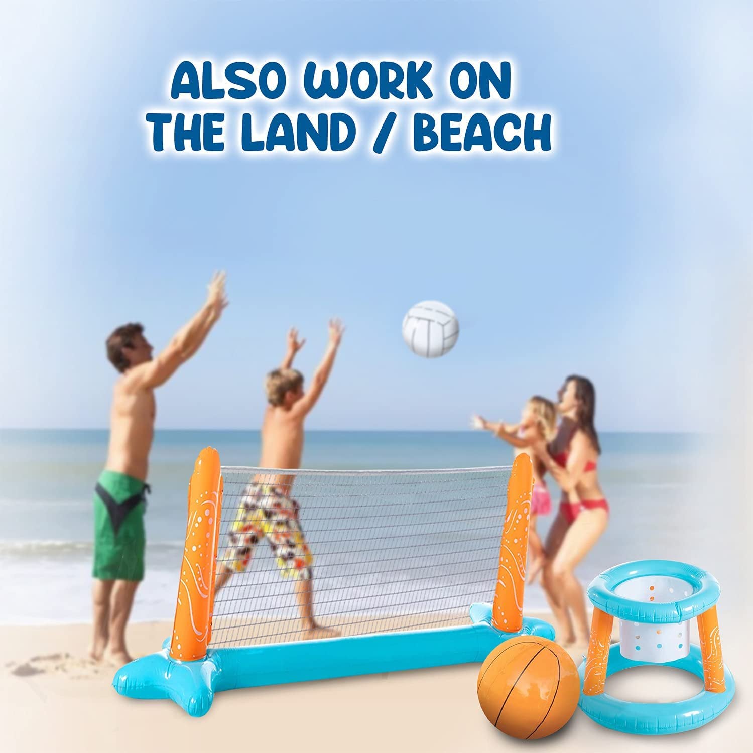 Inflatable Pool Float Set with Volleyball Game and Basketball Hoops, 2 Balls I779100