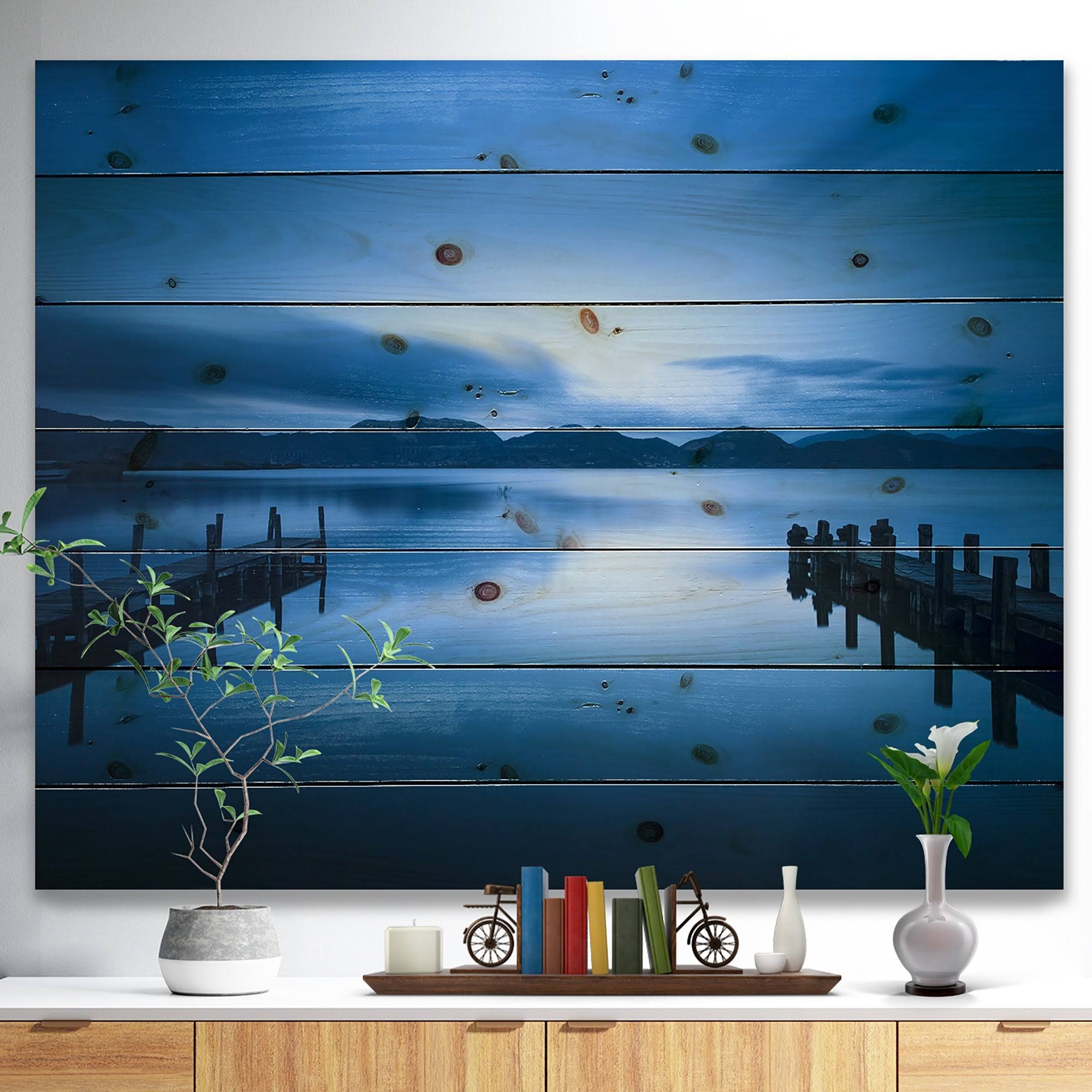 Dark Blue Sea and Piers Seascape Print on Natural Pine Wood J215