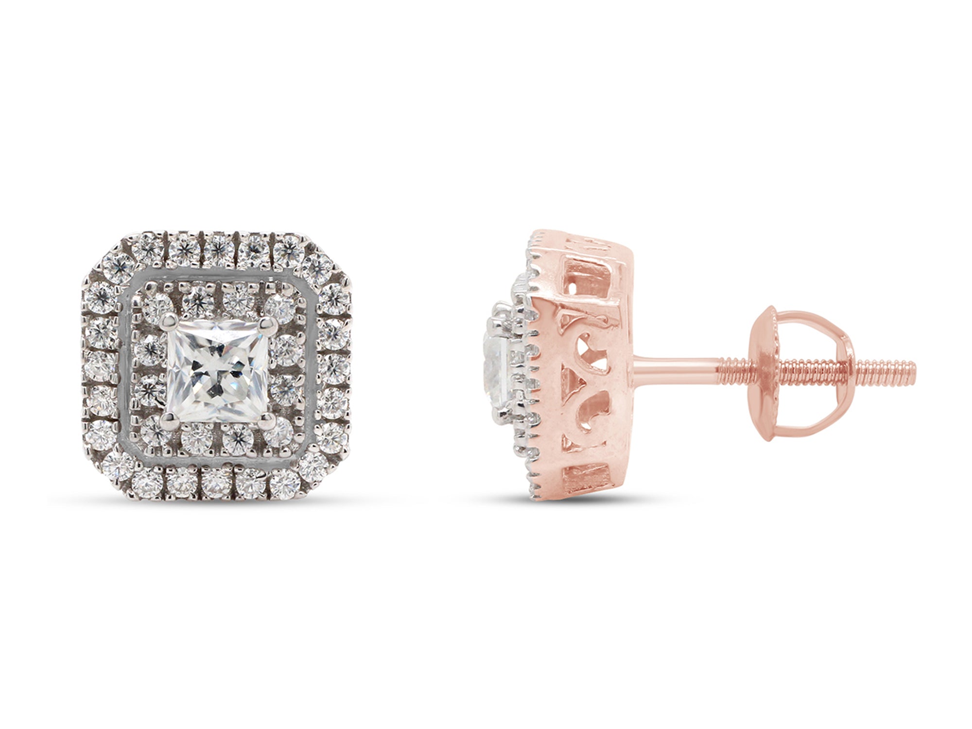 1 Carat Princess & Round Cut Lab Created Moissanite Double Halo Stud Earrings In 14K Rose Gold Over Sterling Silver M300001