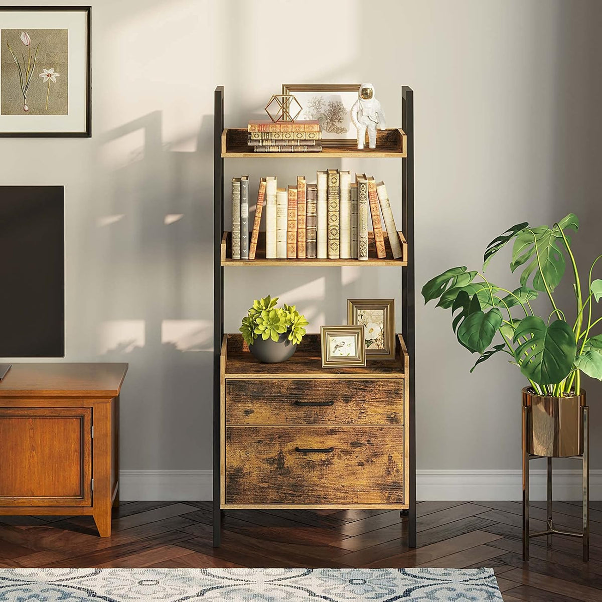 Rustic Brown 3 Tier Ladder Shelf with 2 Drawers T6597