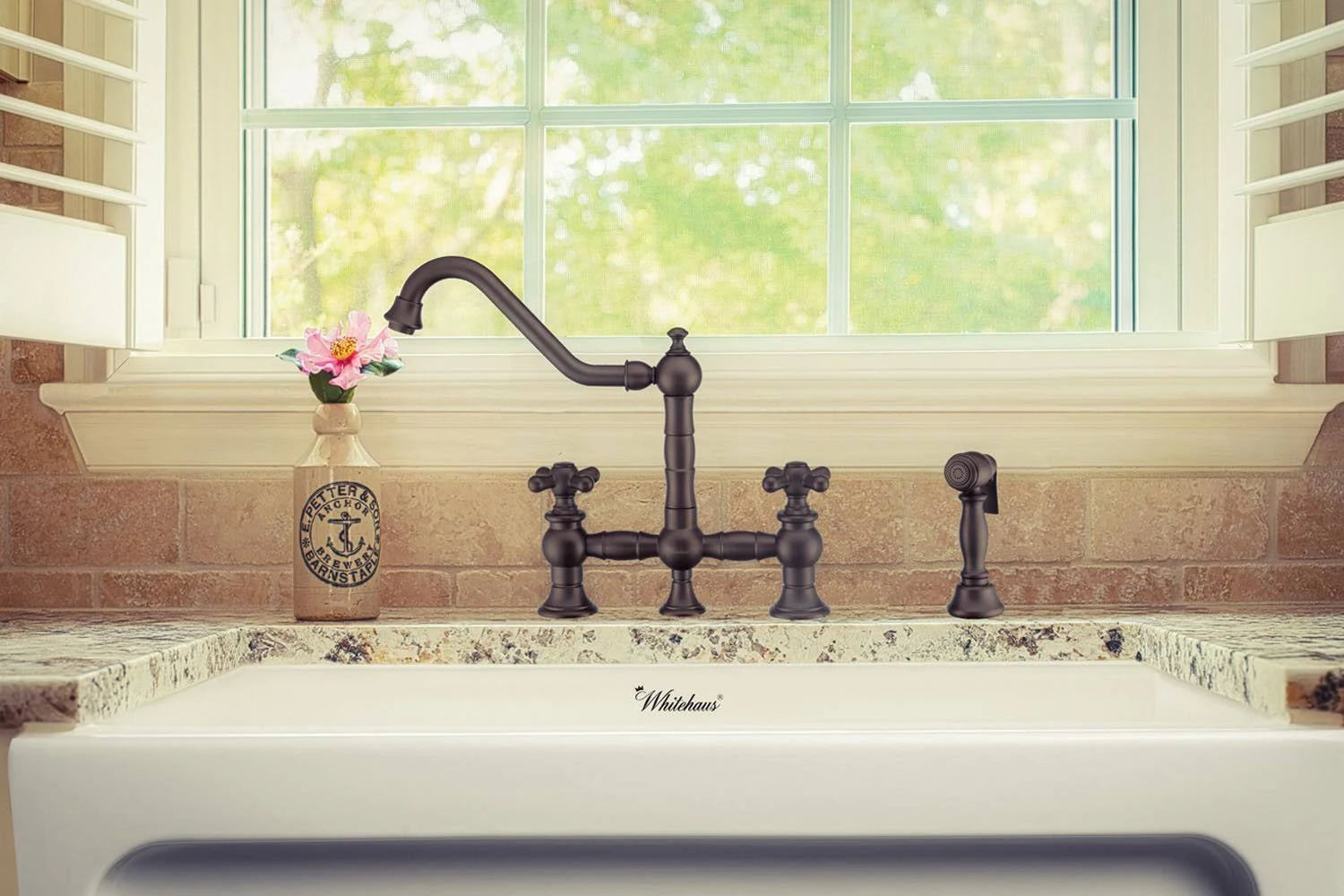 Oil Rubbed Bronze Bridge Faucet with Cross Handles and Side Spray Z7292