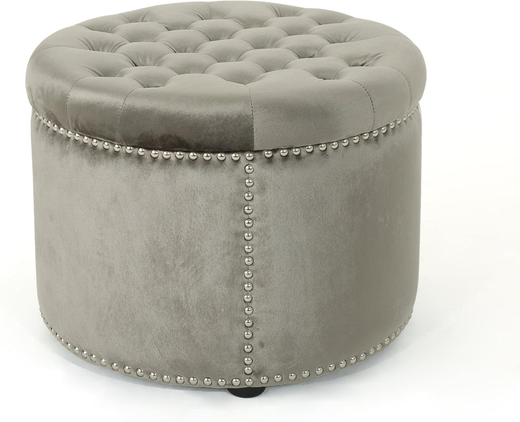 Grey Velvet Tufted Ottoman V9371
