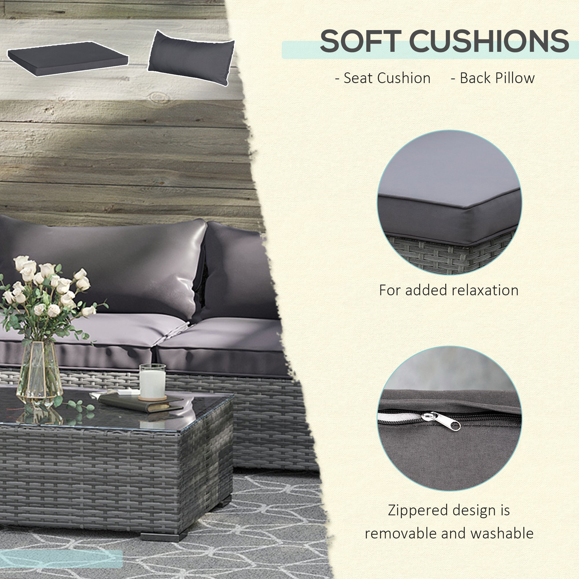 8 Pieces Gray PE Rattan Sectional Sofa with Tempered Glass Table M19518