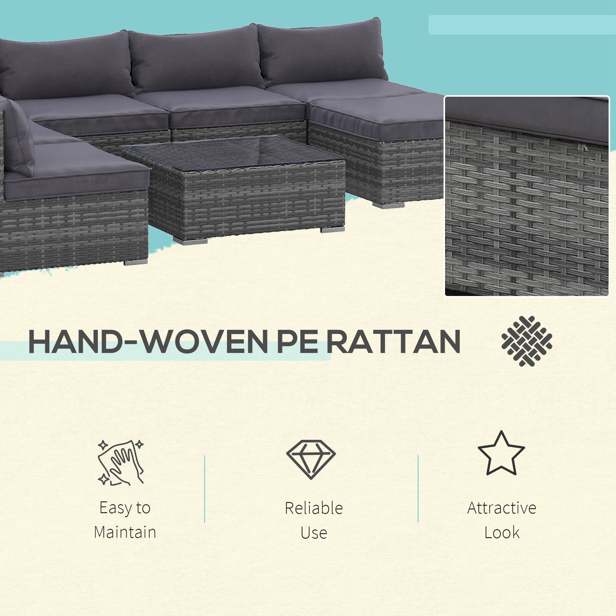 8 Pieces Gray PE Rattan Sectional Sofa with Tempered Glass Table M19518