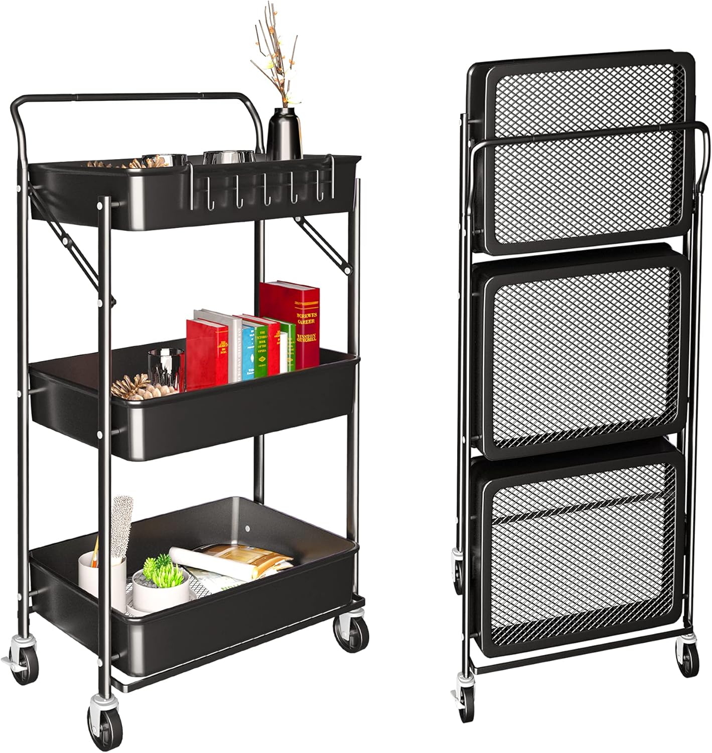 3 Tier Rolling Metal Utility Cart with Wheels (Black) N85159