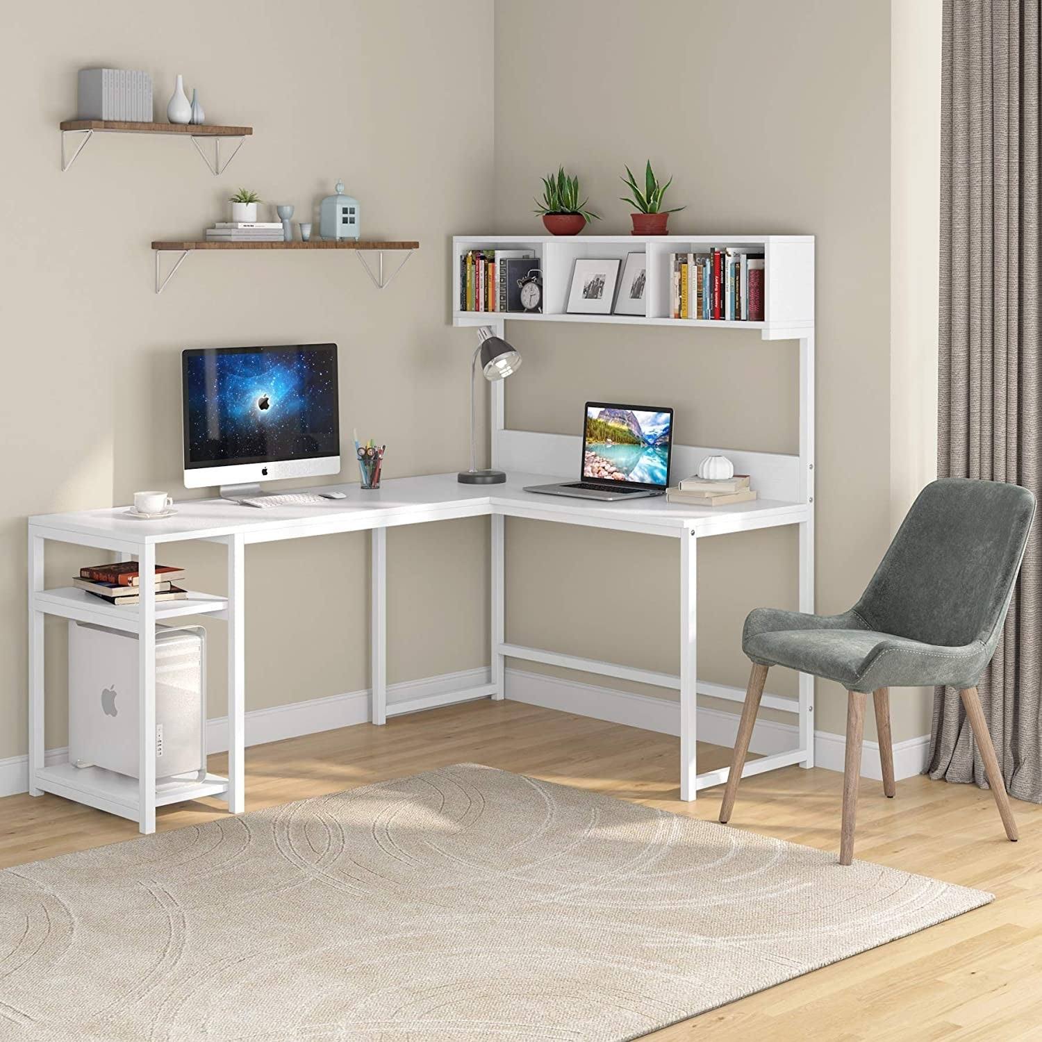 L Shaped Desk with Storage Hutch Shelf W1026