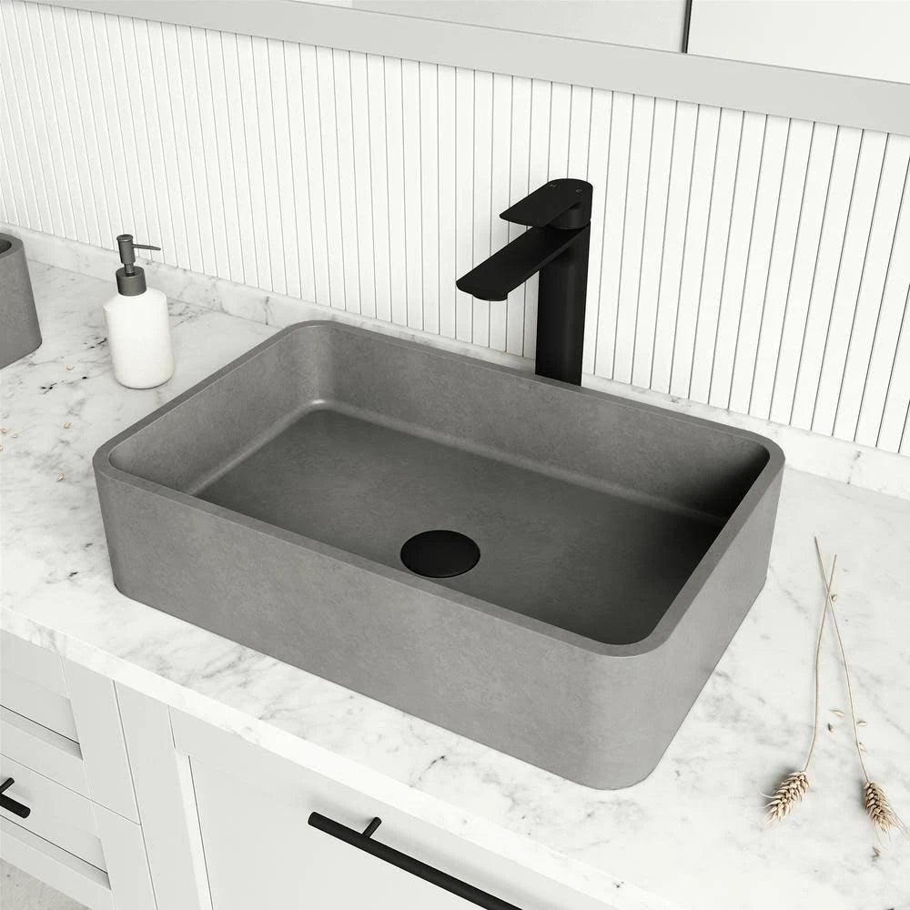 Rectangular Bathroom Vessel Sink in Gray with Faucet and Pop-Up Drain in Matte Black R898322
