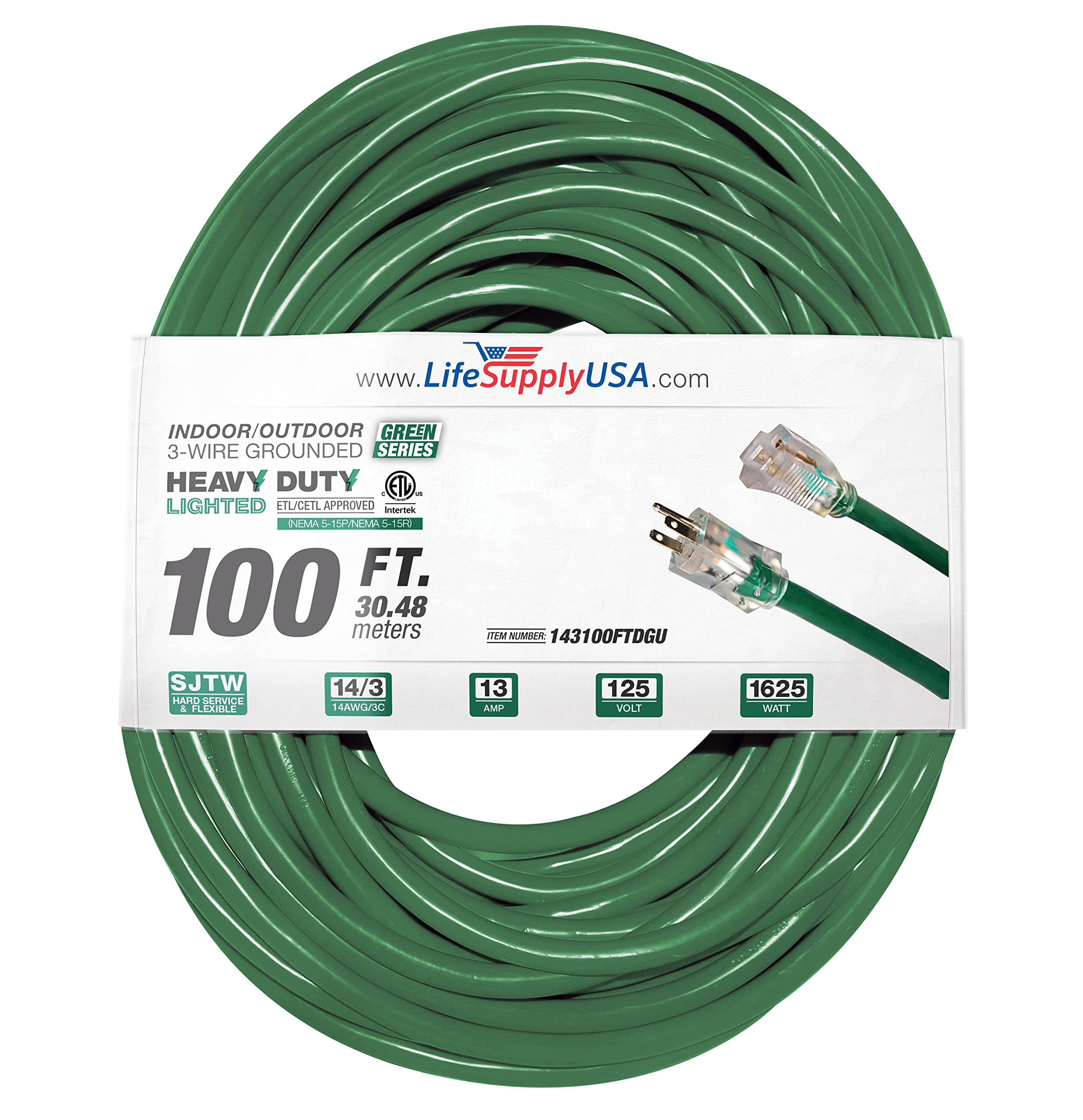 100 ft 14 gauge 3 prong SJTW Green Lighted End Extension Cord I712