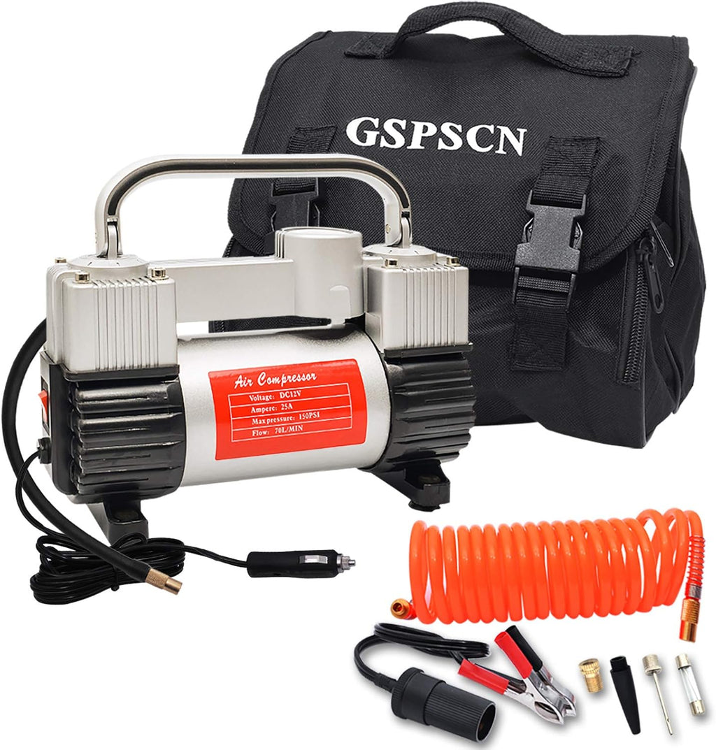 Silver Tire Inflator Heavy Duty Double Cylinders Portable Bag Metal 12V Air Compressor Pump 150PSI with Adapter V484687