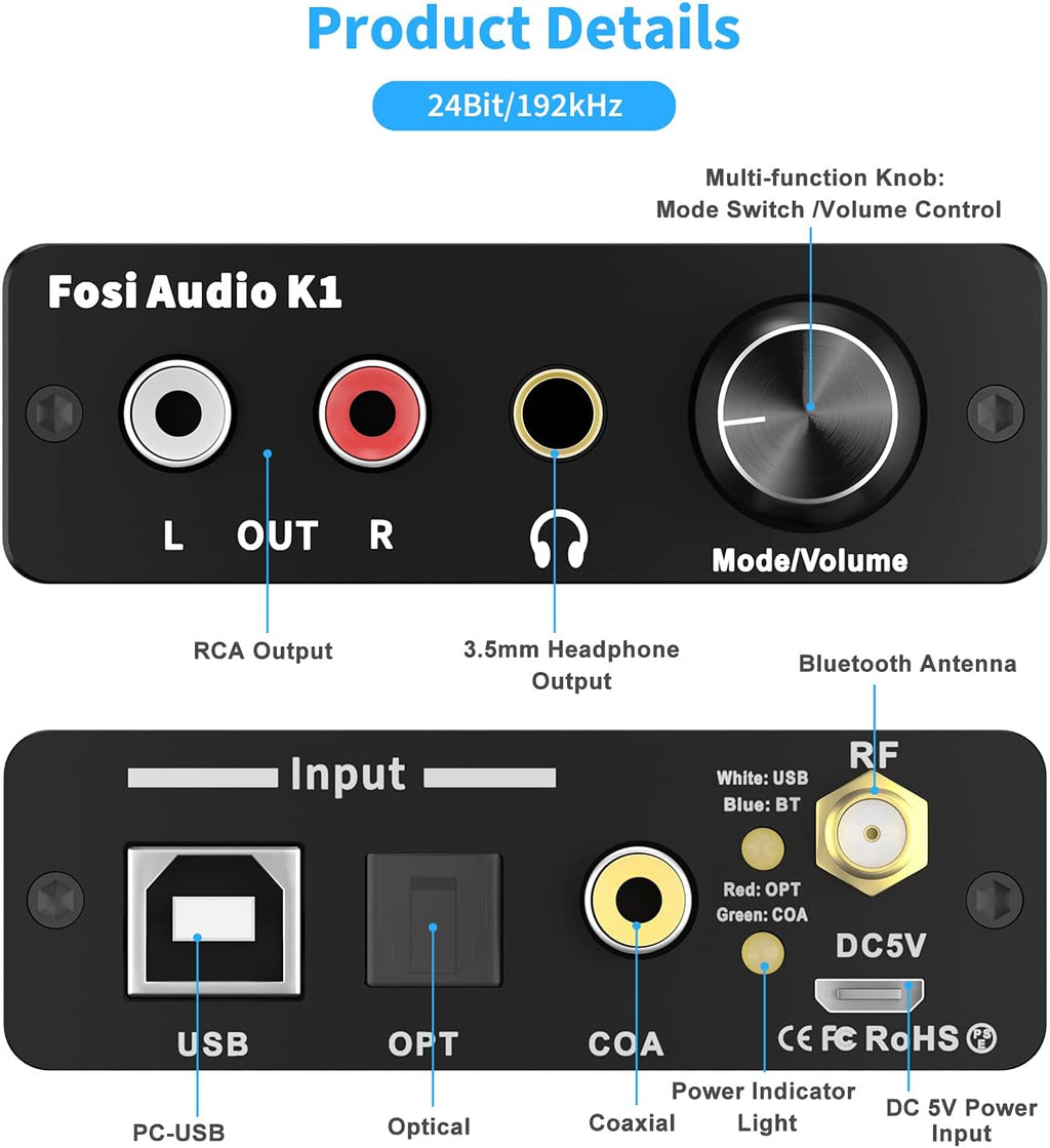 Bluetooth 5.0 DAC Headphone Amplifier Preamplifier 24-Bit 192 KHz USB Optical Coaxial to RCA AUX Digital-to-Analog Audio Converter Adapter Pack of 2 O579776
