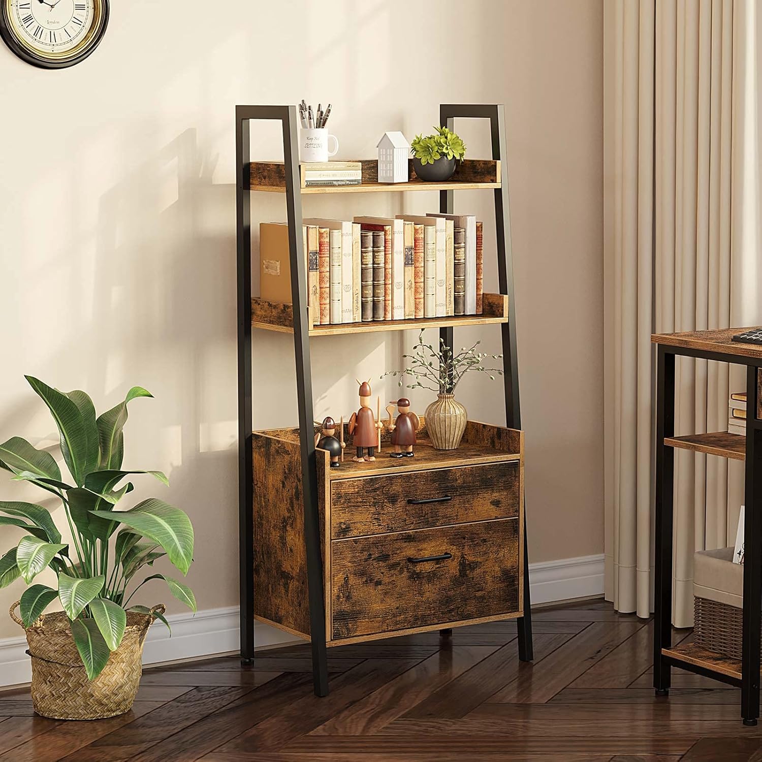 Rustic Brown 3 Tier Ladder Shelf with 2 Drawers T6597