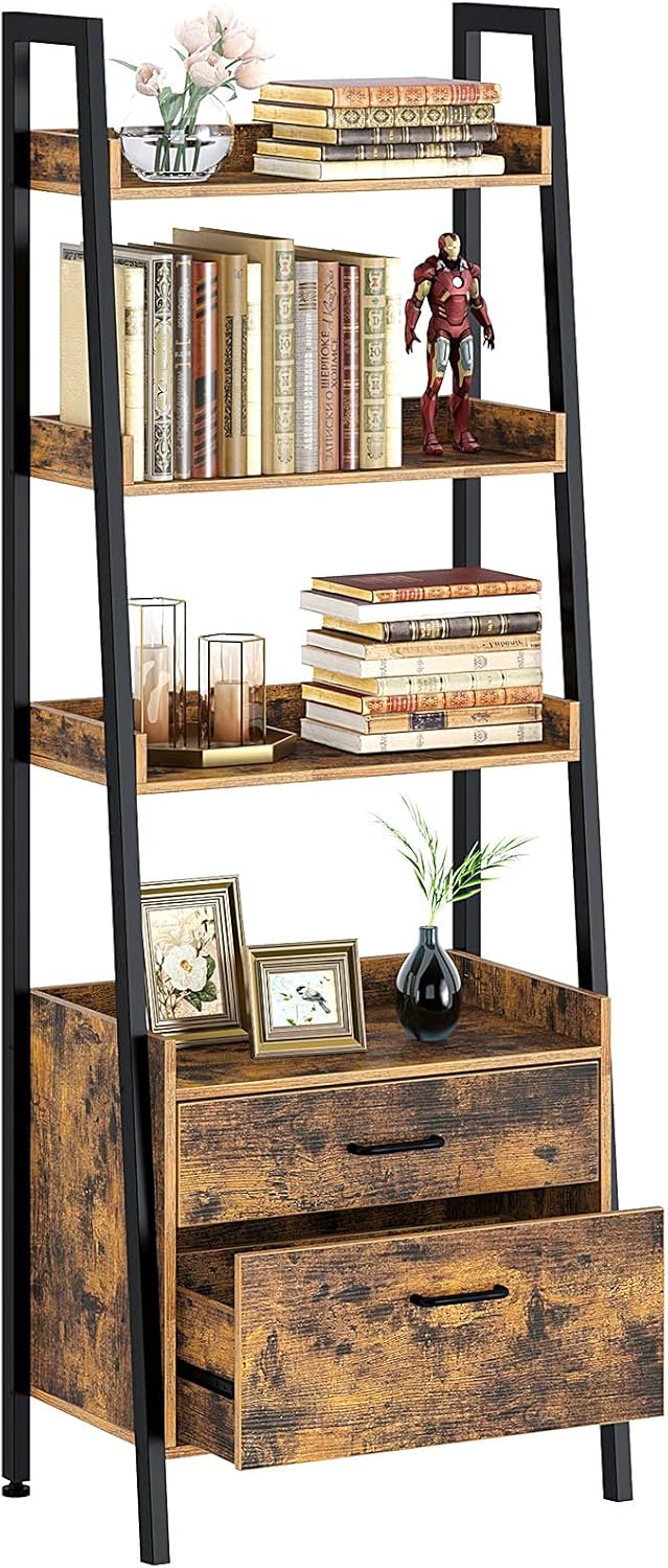 Rustic Brown 3 Tier Ladder Shelf with 2 Drawers T6597