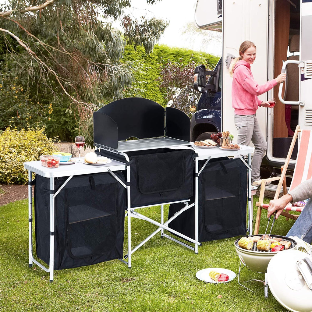 6' Aluminum Portable Camping Kitchen with Windscreen and 5 Cupboards S45095