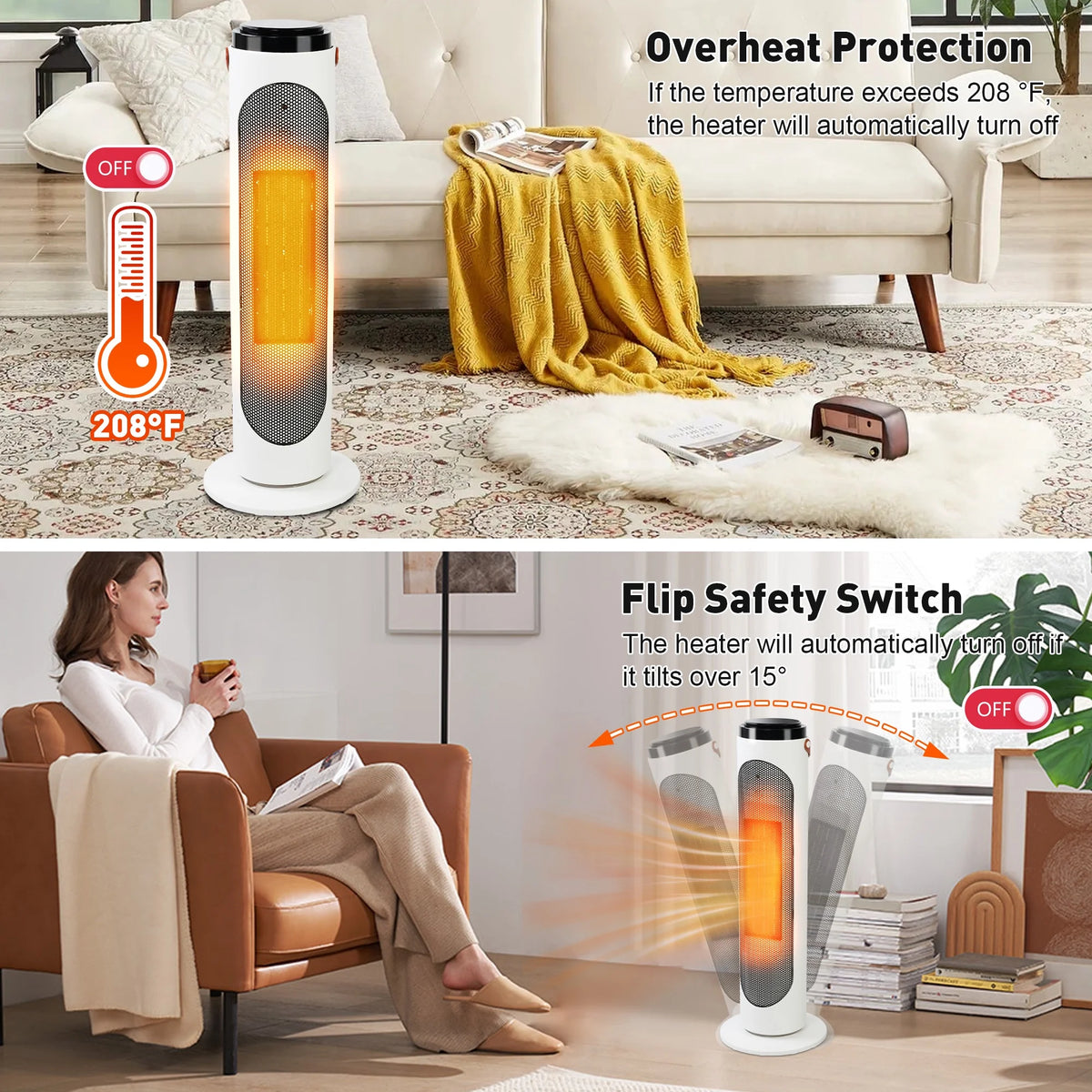 1500W PTC Oscillating Ceramic Space Heater with Remote, 24h Timer D90055