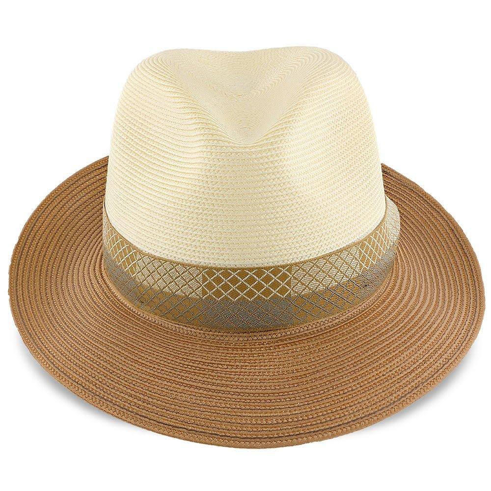 Ivory/Cognac Straw Fedora Hat P7410