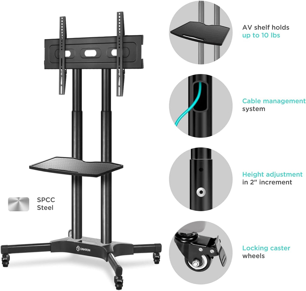 Mobile TV Stand Rolling TV Cart for 40 to 65 Inch LCD LED TV Screens with Wheels Shelves U43837