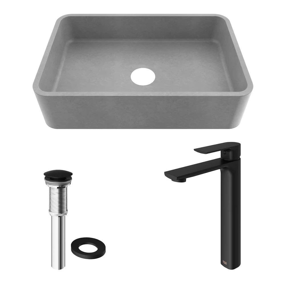 Rectangular Bathroom Vessel Sink in Gray with Faucet and Pop-Up Drain in Matte Black R898322