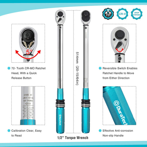 1/2-Inch Drive Click Torque Wrench, 30-160 Ft-lb, with Socket Adapter, Extensions Bar, Storage Case U25620