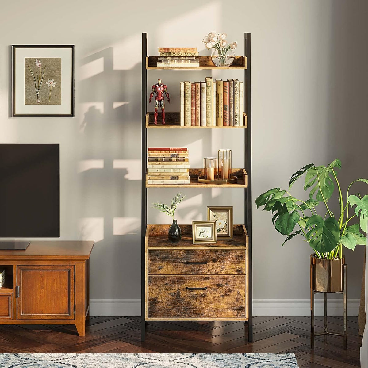 Rustic Brown 3 Tier Ladder Shelf with 2 Drawers T6597